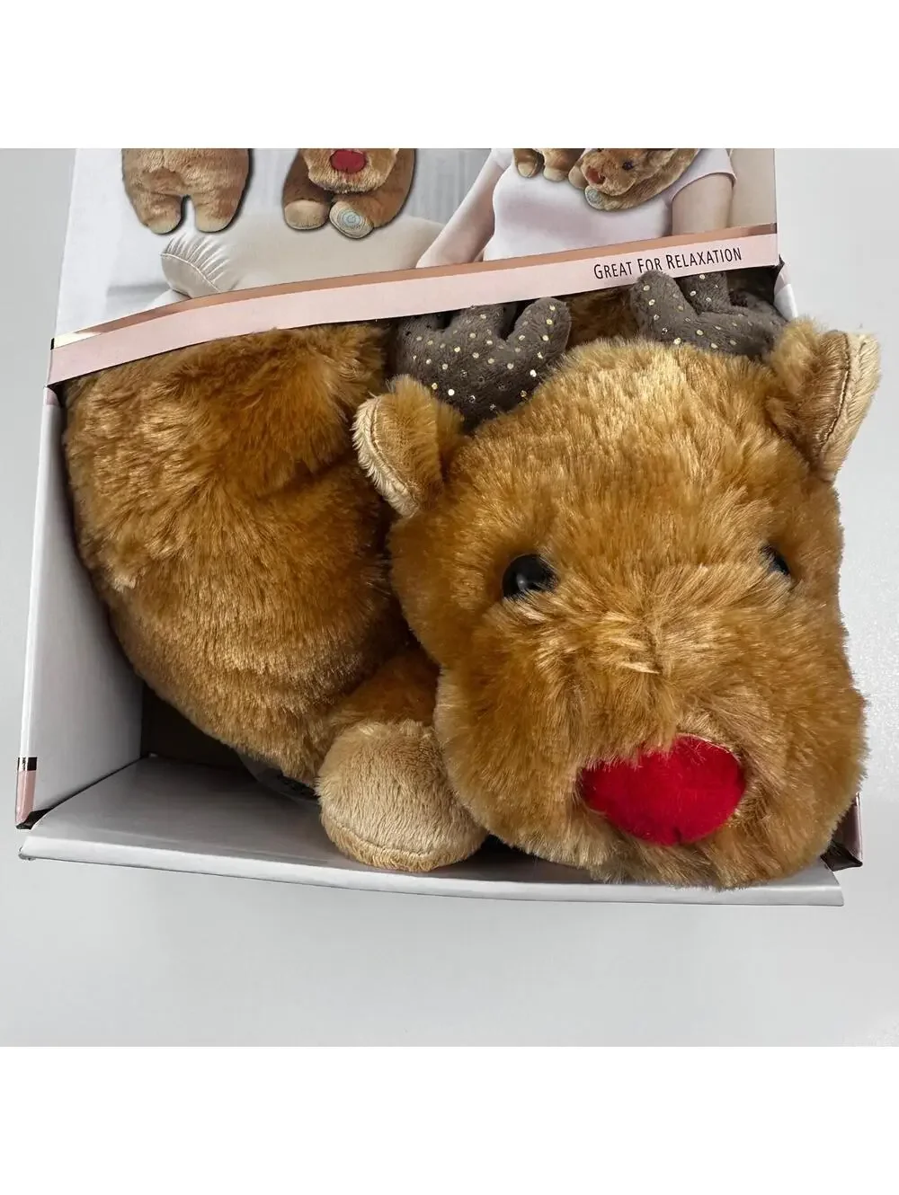 HealthTouch Neck Massager Unisex OS Brown Reindeer Plush Vibrating Travel Pillow